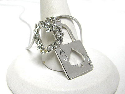 Made in korea whitegold plating crystal heart and spade ace on lock necklace