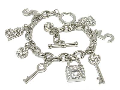 Multi crystal lock and key and heart charm toggle bracelet