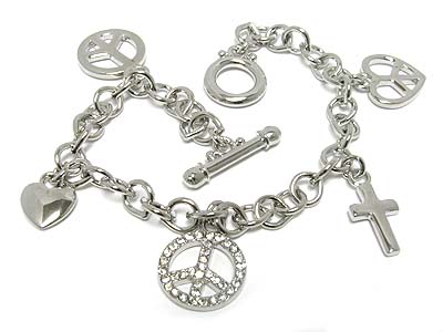 Multi crystal peace and cross charm toggle bracelet