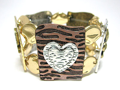 Tri tone hammered squuare metal with heart stretch bracelet