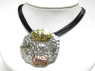 Crystal stud love hope believe hammered metal motif pendant cord necklace