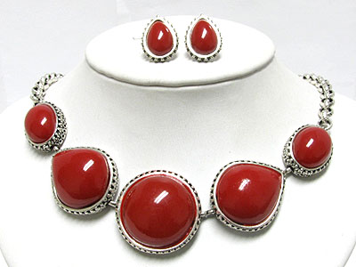 Round ceramic marble stone metal casting necklace earring set