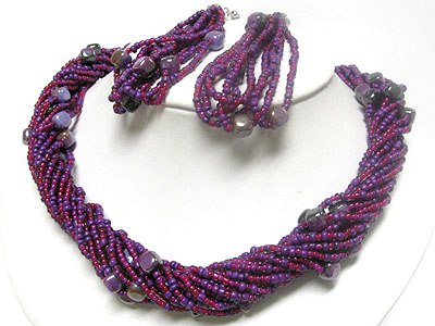 Multi strand bradied seed beads necklace earring set 