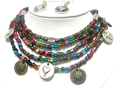 Message disk dangle five row small beads neckalce earring set