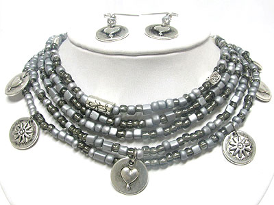 Message disk dangle five row small beads neckalce earring set