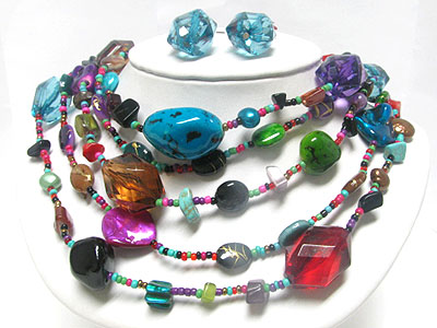 Mixed stone and glass beads link long necklace earring set