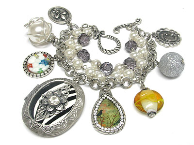 Victorial style locket and multi charm dangle bracelet