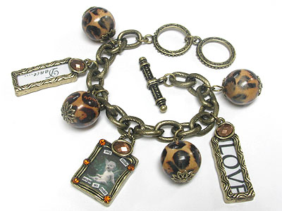 Animal pattern wooden ball and photo frame charm dangle bracelet