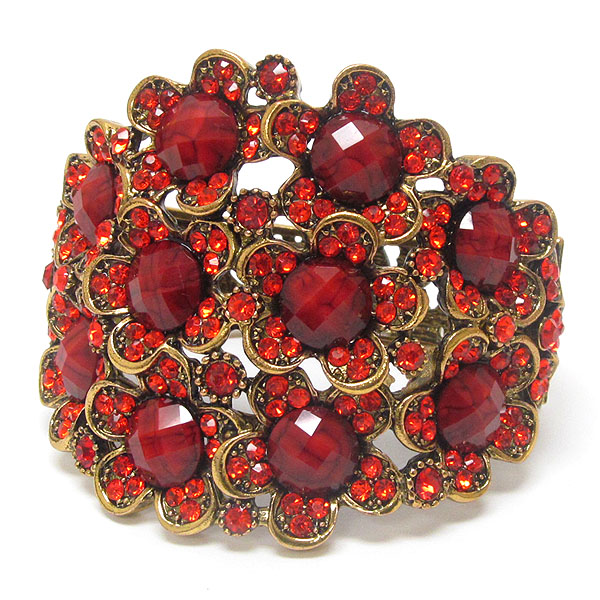 Crystal and resin multi flower deco open bangle vintage bracelet