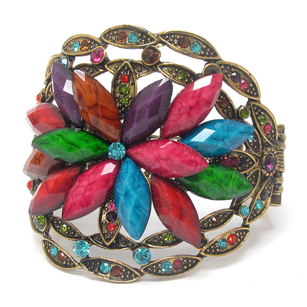 Multi crystal and resin flower deco open bangle vintage bracelet