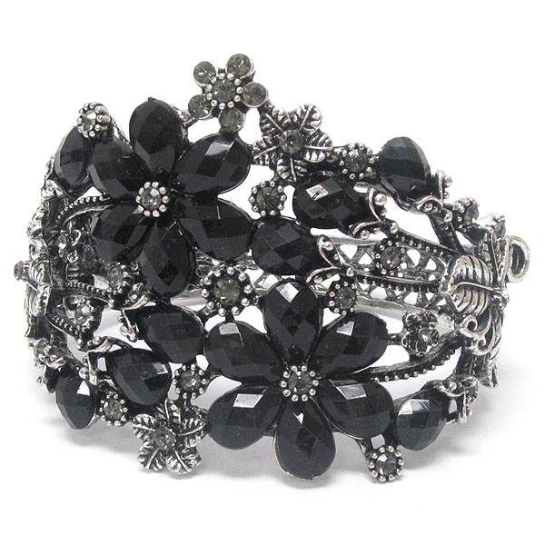 Crystal and resin multi flower deco open bangle vintage bracelet