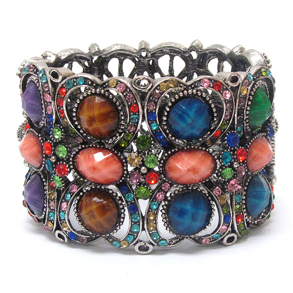 Multi crystal and resin deco open bangle vintage bracelet