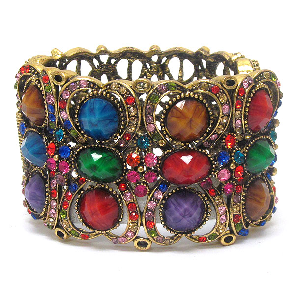 Multi crystal and resin deco open bangle vintage bracelet