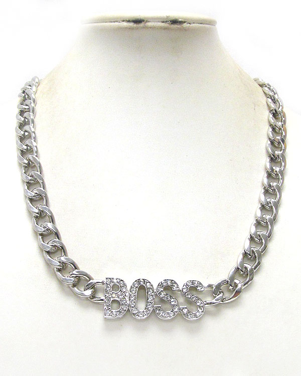 Crystal boss thick metal chain necklace