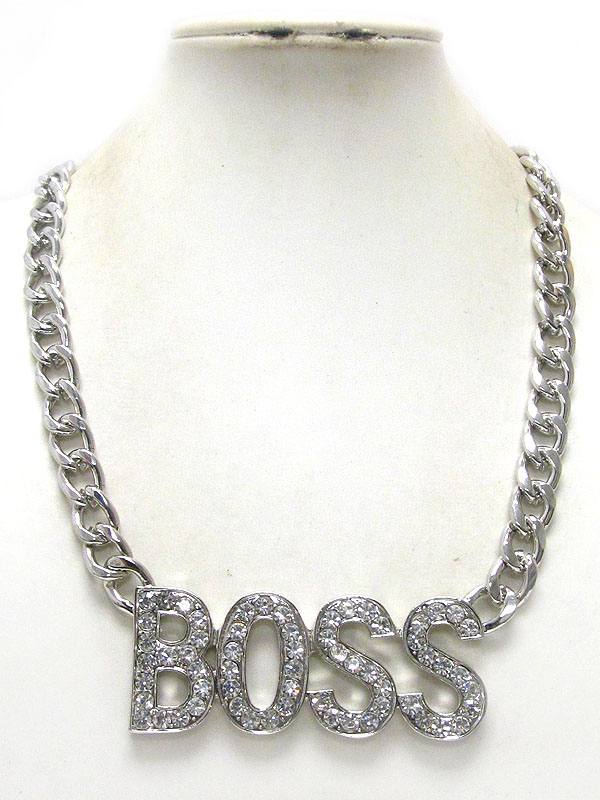 Crystal boss thick metal chain necklace