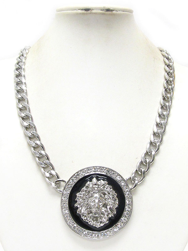 Crystal round lion head thick metal chain necklace