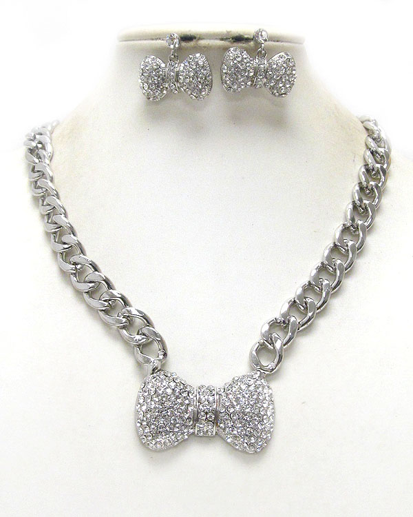 Crystal bow thick metal chain necklace