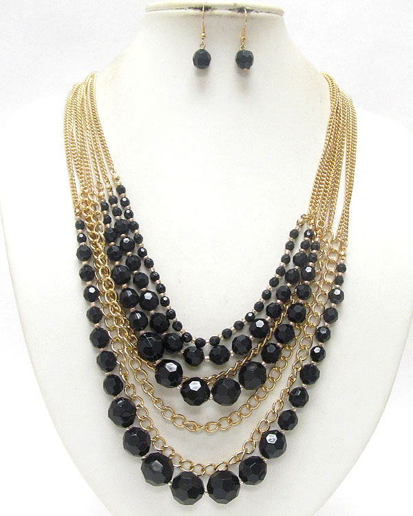 Facet glass stone beads and multi layer metal chain necklace earring set