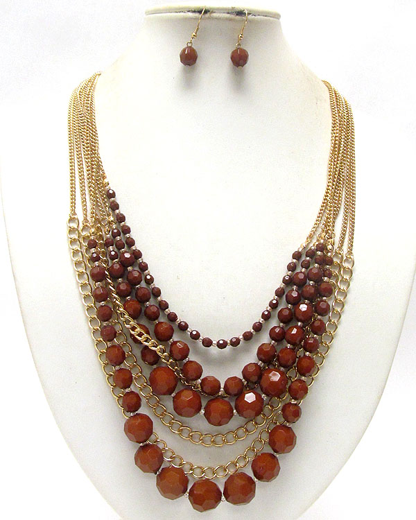 Facet glass stone beads and multi layer metal chain necklace earring set