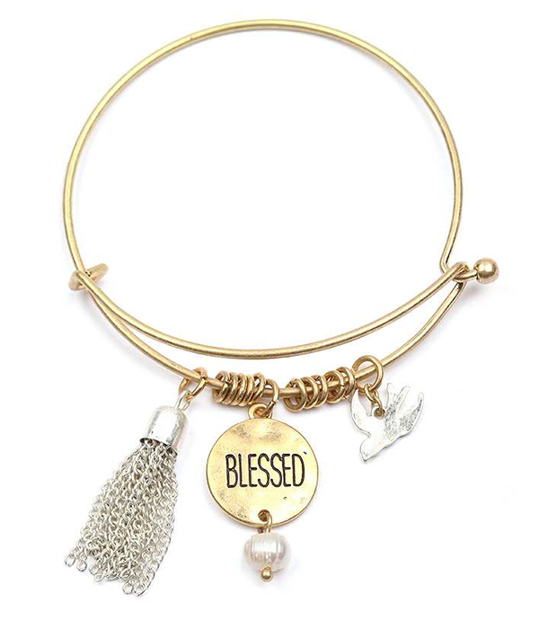 Handmade bird charm and tassel wire bangle bracelet