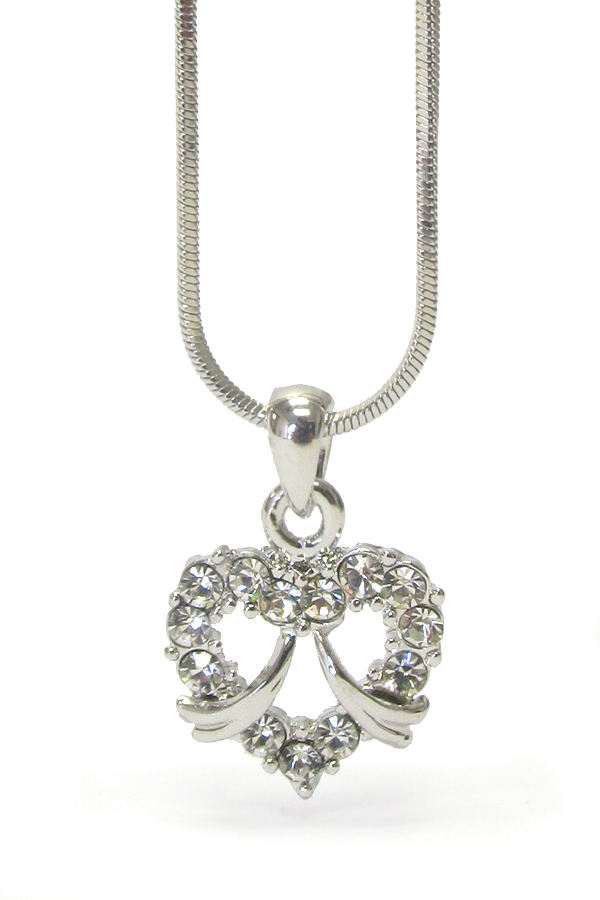 MADE IN KOREA WHITEGOLD PLATING CRYSTAL HEART WITH BOW PENDANT NECKLACE