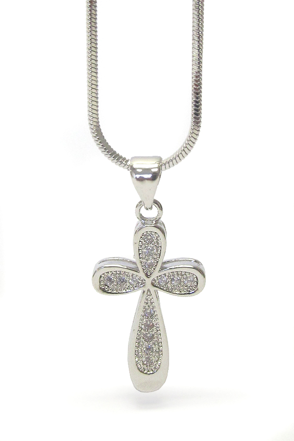 Made in korea whitegold plating cubic zirconia round edge cross pendant necklace