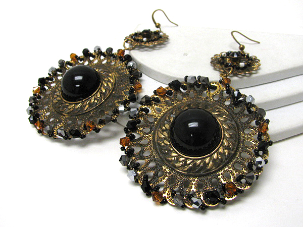 Large patina disk and bead deco earrings