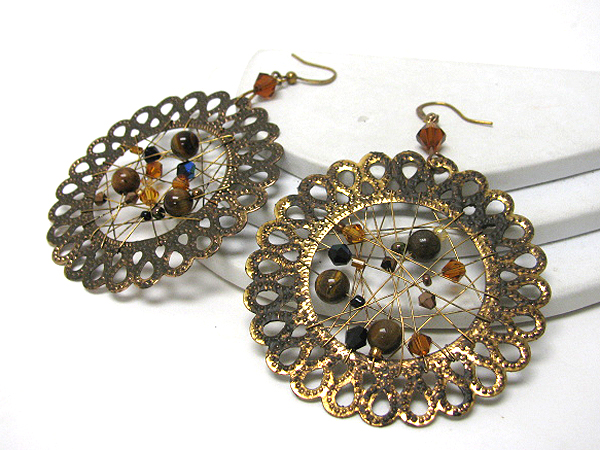 Large patina disk and wire and bead center deco earrings