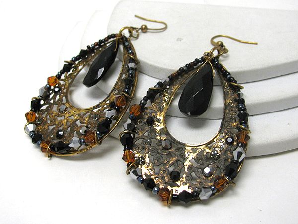 Large patina tear drop and crystal and multi bead deco earrings