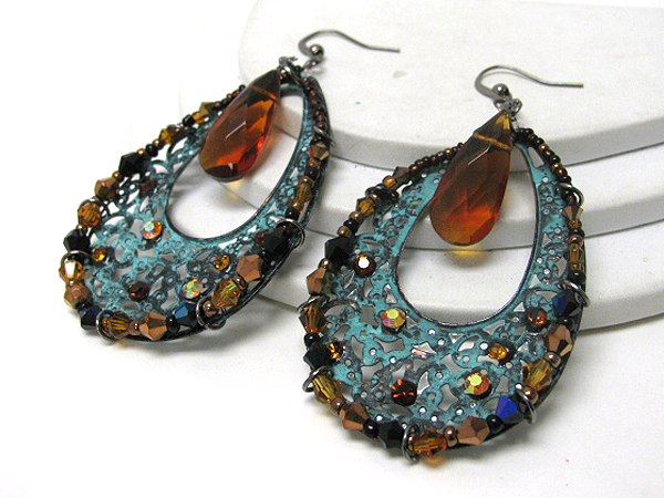 Large patina tear drop and crystal and multi bead deco earrings