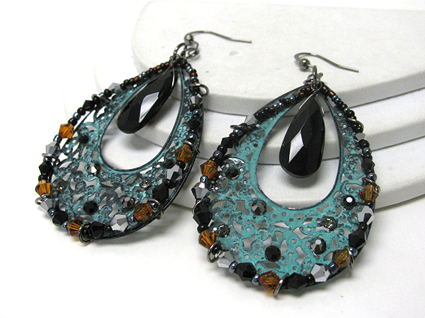 Large patina tear drop and crystal and multi bead deco earrings