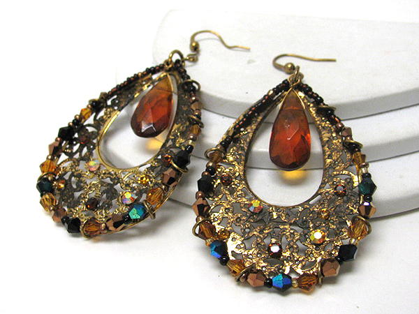 Large patina tear drop and crystal and multi bead deco earrings