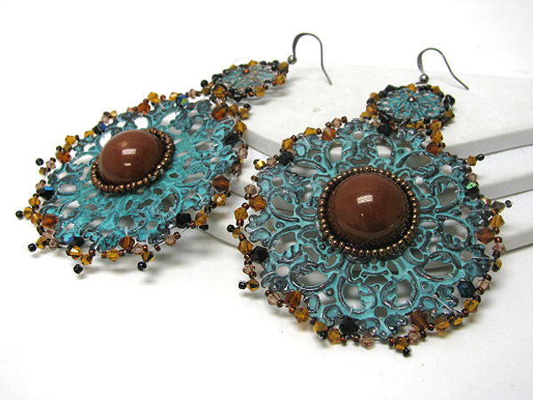 Large patina disk and bead deco earrings