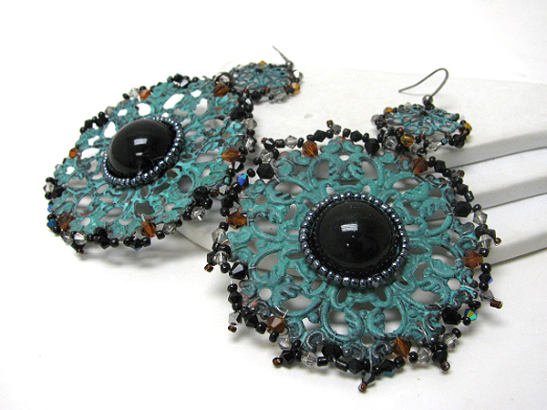 Large patina disk and bead deco earrings