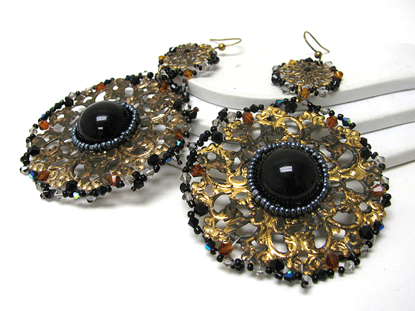 Large patina disk and bead deco earrings