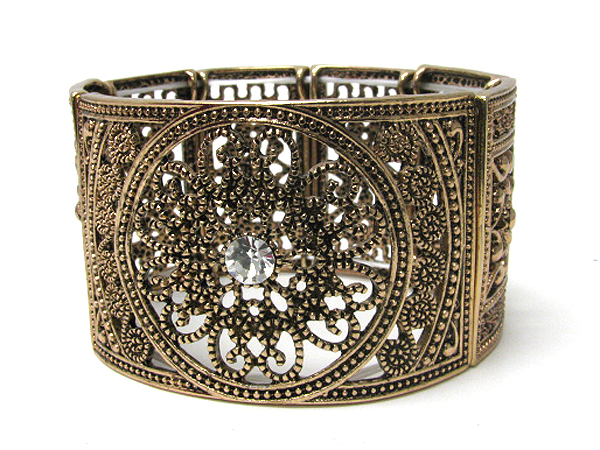 Crystal deco wide metal filigree stretch bracelet