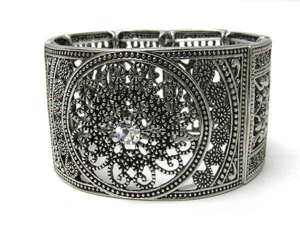 Crystal deco wide metal filigree stretch bracelet