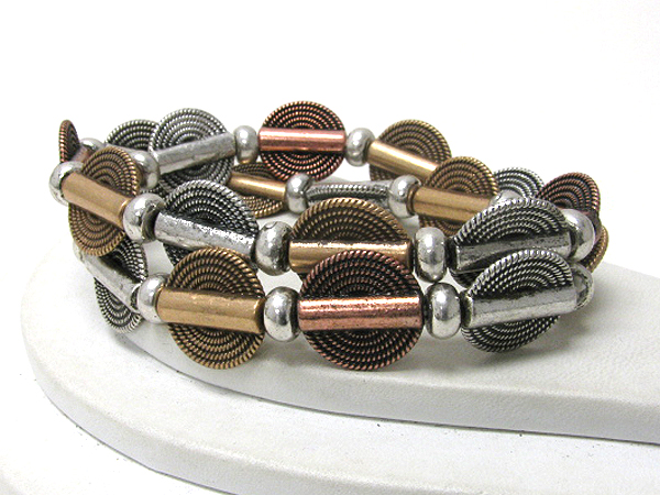 Multi metal disk and bar link double stretch bracelet