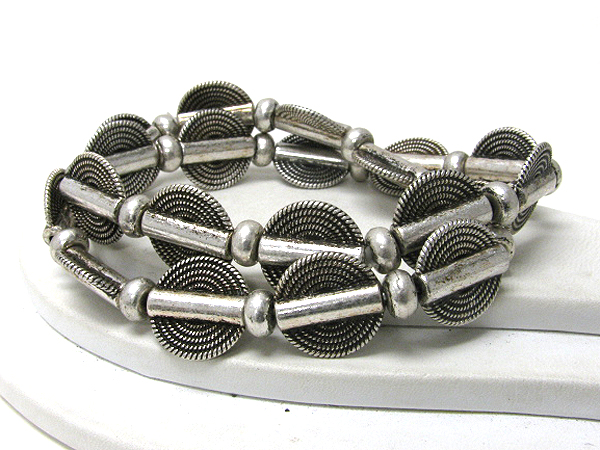 Multi metal disk and bar link double stretch bracelet