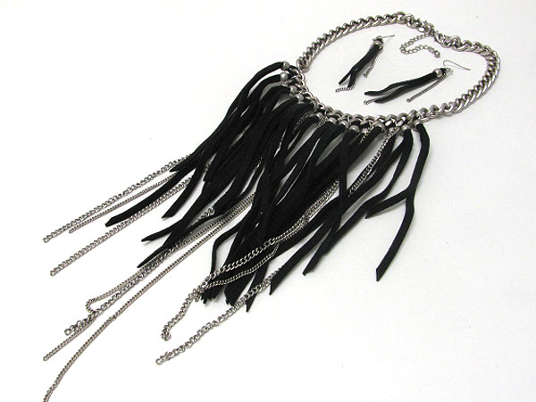 Multi metal tassel and suede long drop necklace earring set