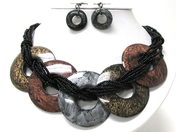 Patina disk and glass seed beads thread necklaceearring set