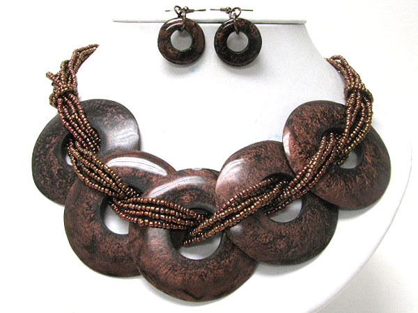 Patina disk and glass seed beads thread necklaceearring set