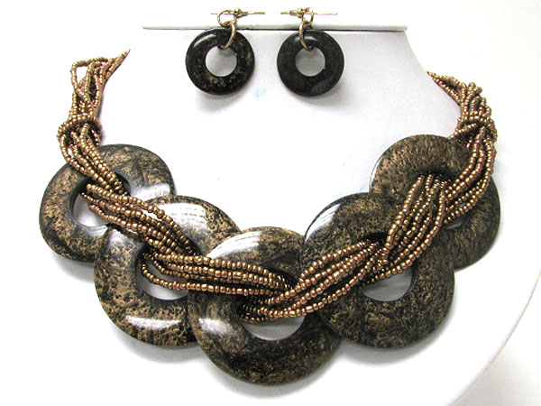 Patina disk and glass seed beads thread necklaceearring set