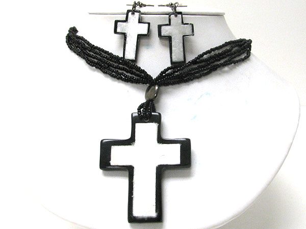 Eco friendly shell and resin art deco cross pendant glass seed beads neckalce earring set