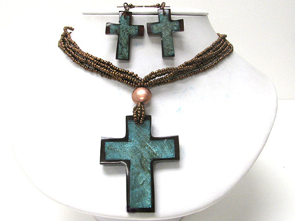 Eco friendly shell and resin art deco cross pendant glass seed beads neckalce earring set