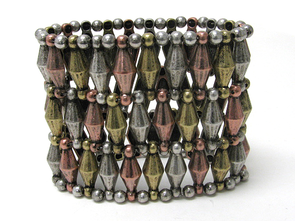 Wide metal ball and stick link 3 layered stretch bracelet