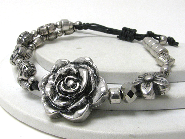 Metal rose and bead link cord bracelet