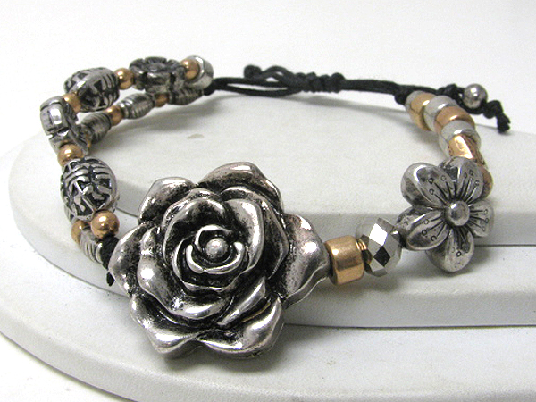 Metal rose and bead link cord bracelet