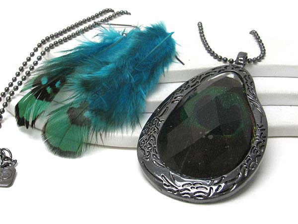 Facet glass large pendant and peacock pattern necklace earring set