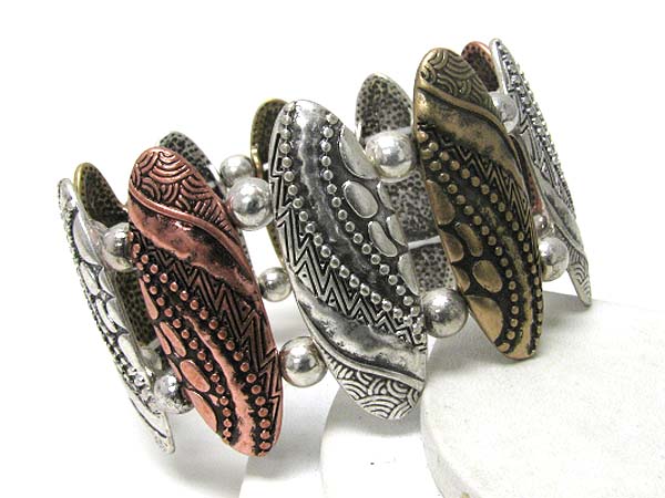 Multi patterned metal oval stick link stretch bracelet